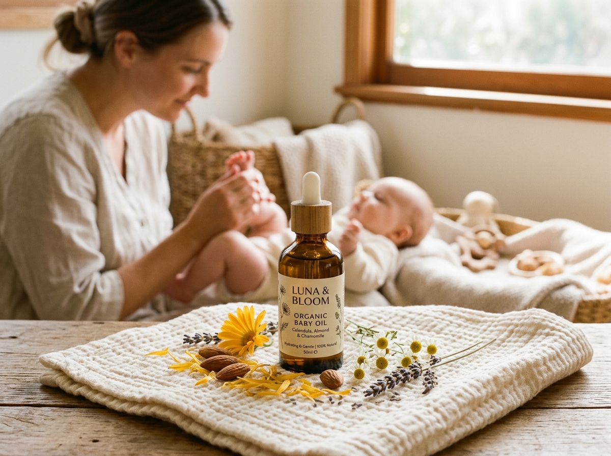 Baby Hair and Massage Oil in amber glass bottle on soft nursery linen